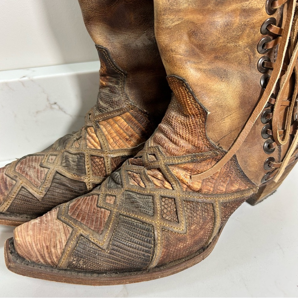 Women’s Corral Honey Lizard Laser Overlay and Lace Up Boots 9M Snip Toe Zip - Picture 2 of 12